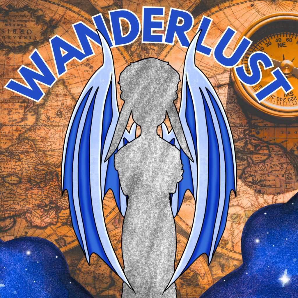 Art of a woman with long elf ears and blue dragon wings standing in front of an orange-tinted map. Her body is covered in static, making her features indistinguishable. "Wanderlust" is written across the top on a curve.